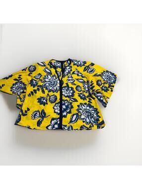 Women’s Zara Basic Size XL Yellow/Blue/White Polyester Floral Print Blouse (A11)